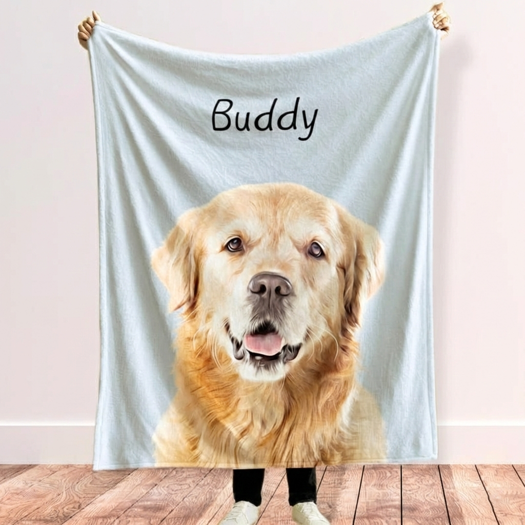 Custom Pet Portrait Blanket By Using Pet Photo,Personalized Blanket with Your Dog or Cat’s Portrait, Custom Dog Blanket with Name