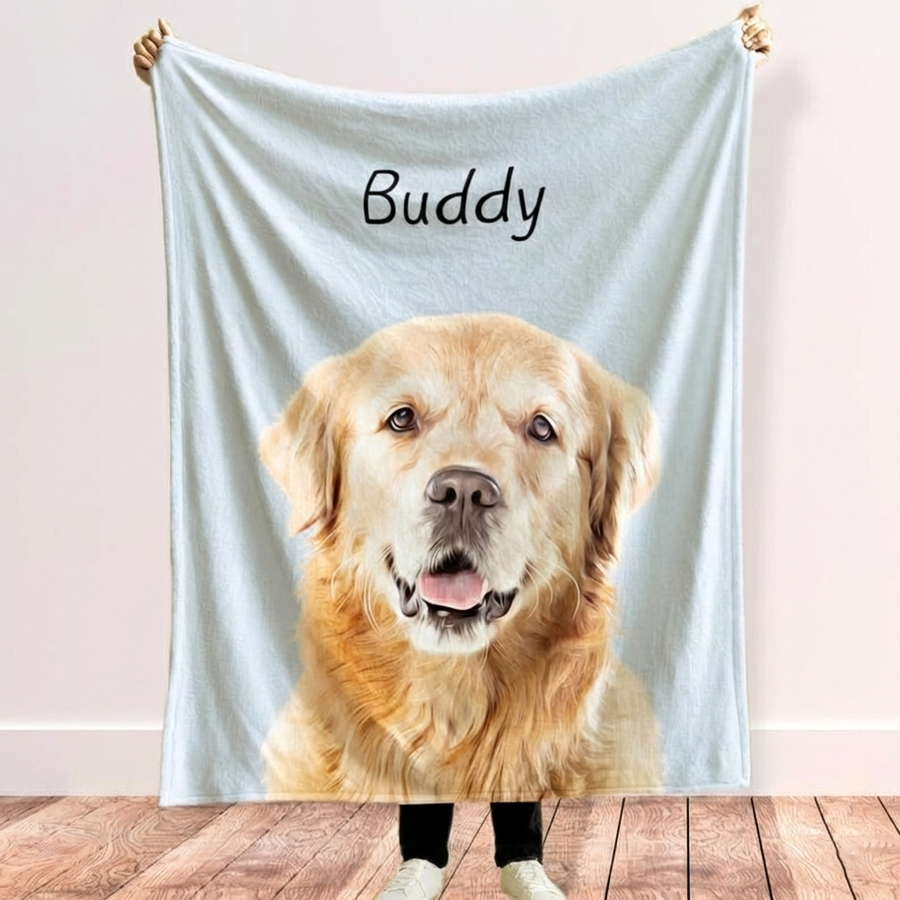 Custom Pet Portrait Blanket By Using Pet Photo,Personalized Blanket with Your Dog or Cat’s Portrait, Custom Dog Blanket with Name