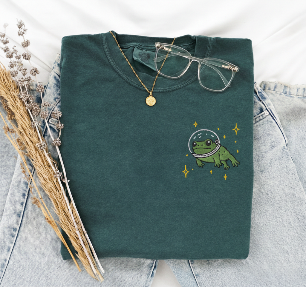 Space Frog T-Shirt, Cute Embroidered Comfort Colors 1717, Cosmic Frog Tee, Whimsical Animal Shirt, Funny Gamer Gift, Cozy Frog Top