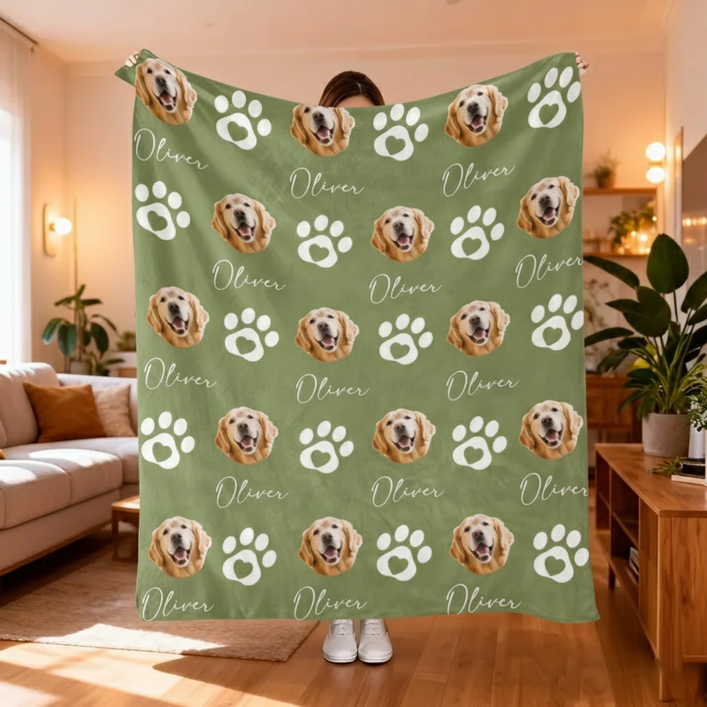 Custom Pet Photo Blanket With Name, Personalized Dog Cat Blanket, Family Gifts