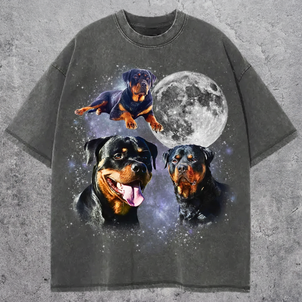 Three Rottweiler Moon Shirt, Space Dog Tee, Cosmic Rottweiler Design, Galaxy Dog Top, Gift for Dog Lovers, Astral Pet Shirt