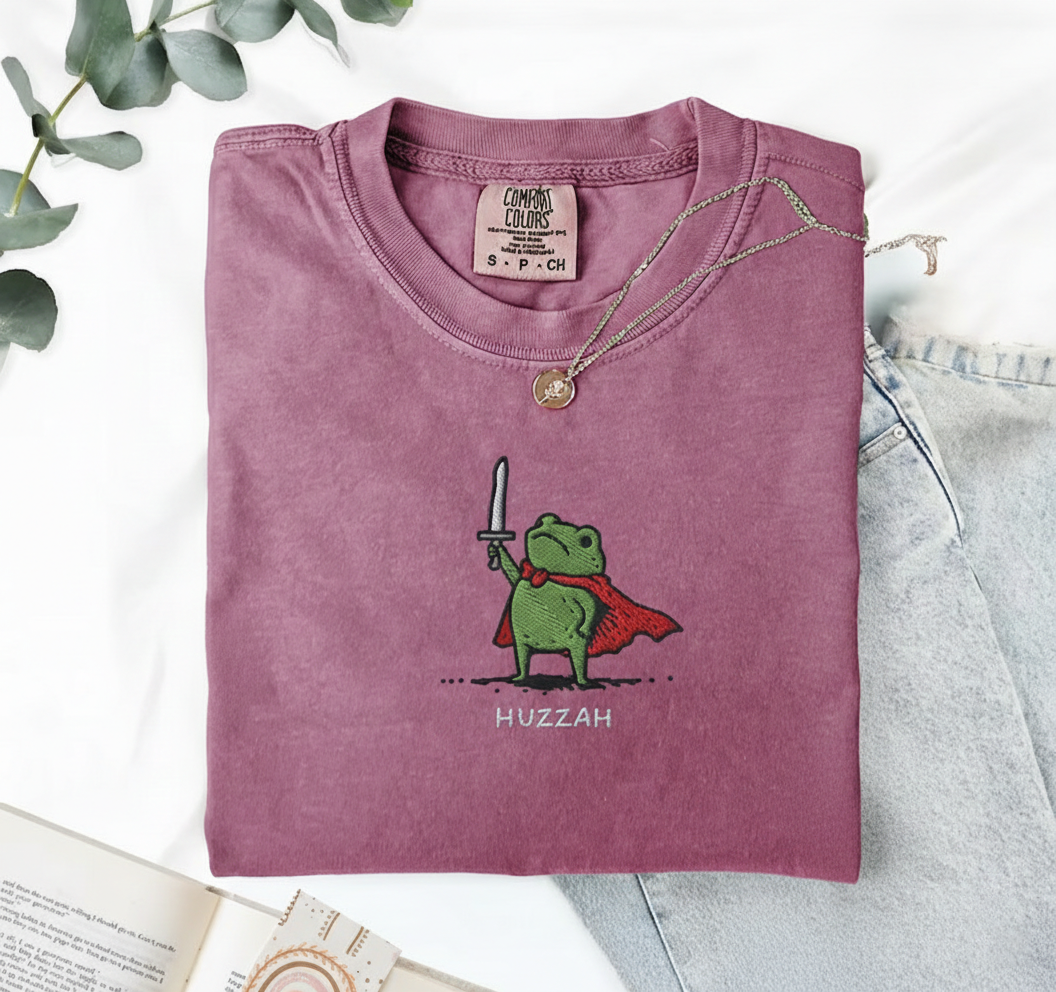 Huzzah Frog with Sword Tee, Embroidered Medieval Frog Shirt, Comfort Colors 1717, Funny DnD T-Shirt, Renaissance Faire Frog Gift