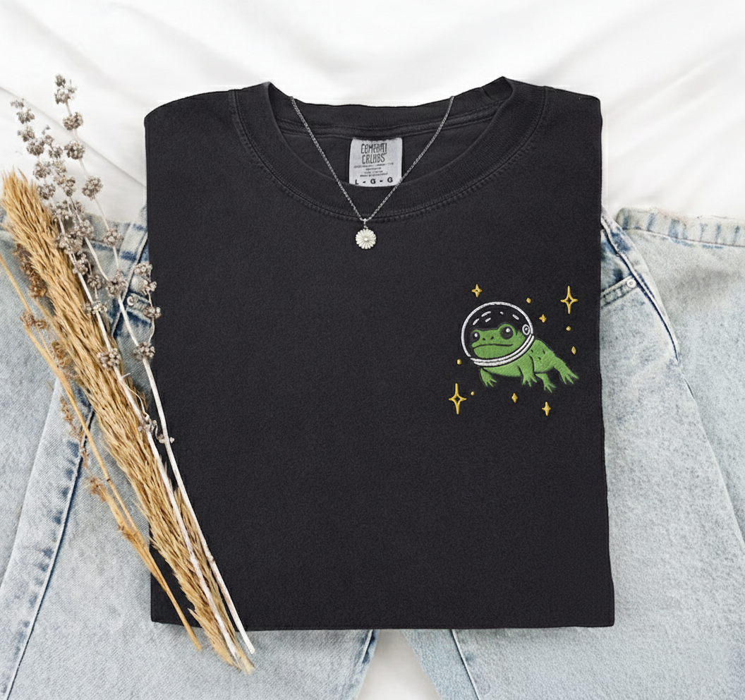 Space Frog T-Shirt, Cute Embroidered Comfort Colors 1717, Cosmic Frog Tee, Whimsical Animal Shirt, Funny Gamer Gift, Cozy Frog Top
