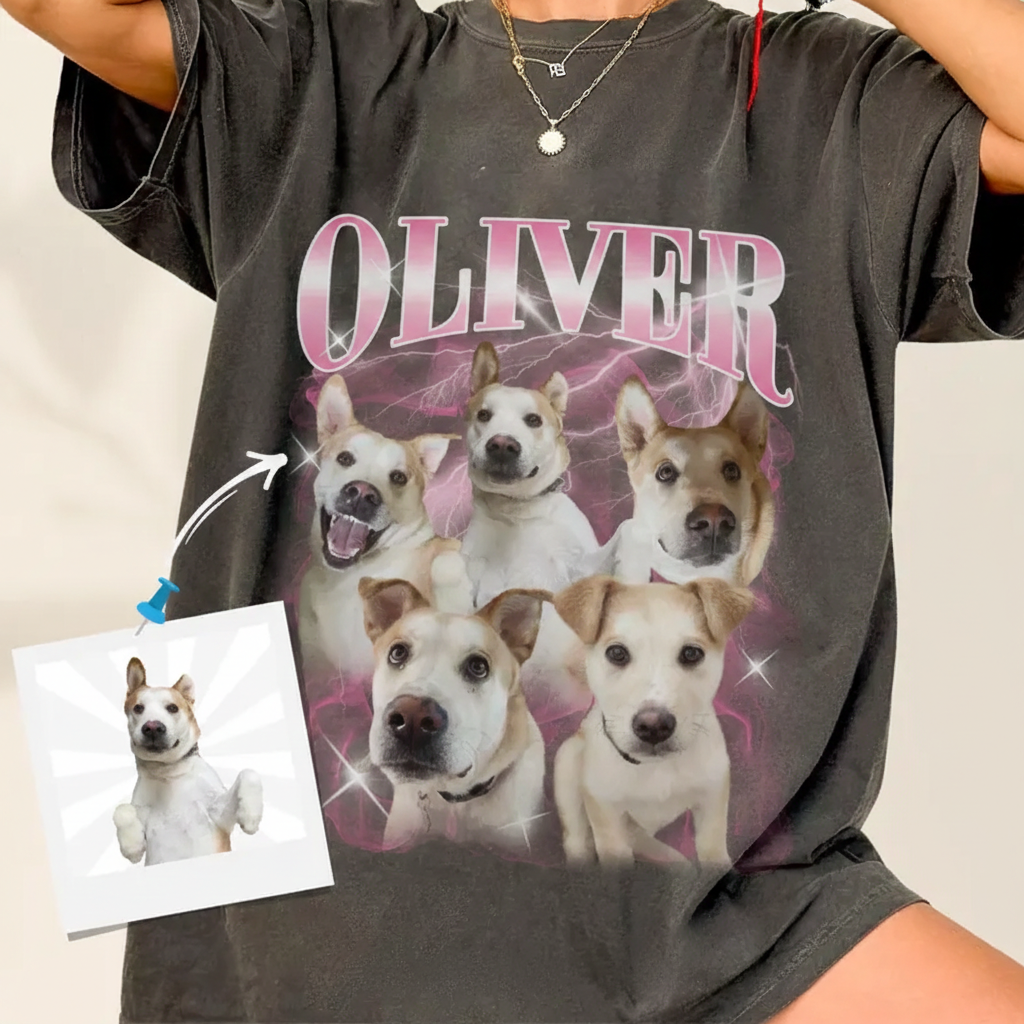 Custom Vintage Pet Shirt - Personalized Dog Bootleg Rap Tee, Retro 90s Graphic T-Shirt, Dog Lover Apparel, Custom Pet Face Design