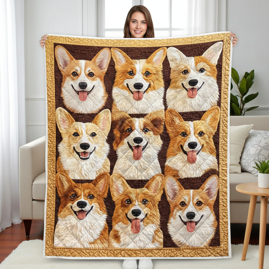 Funny Corgi Quilted Blanket, Cute Corgi Dog Quilt, Cute Pet Blanket, Cozy Dog Lover Gift