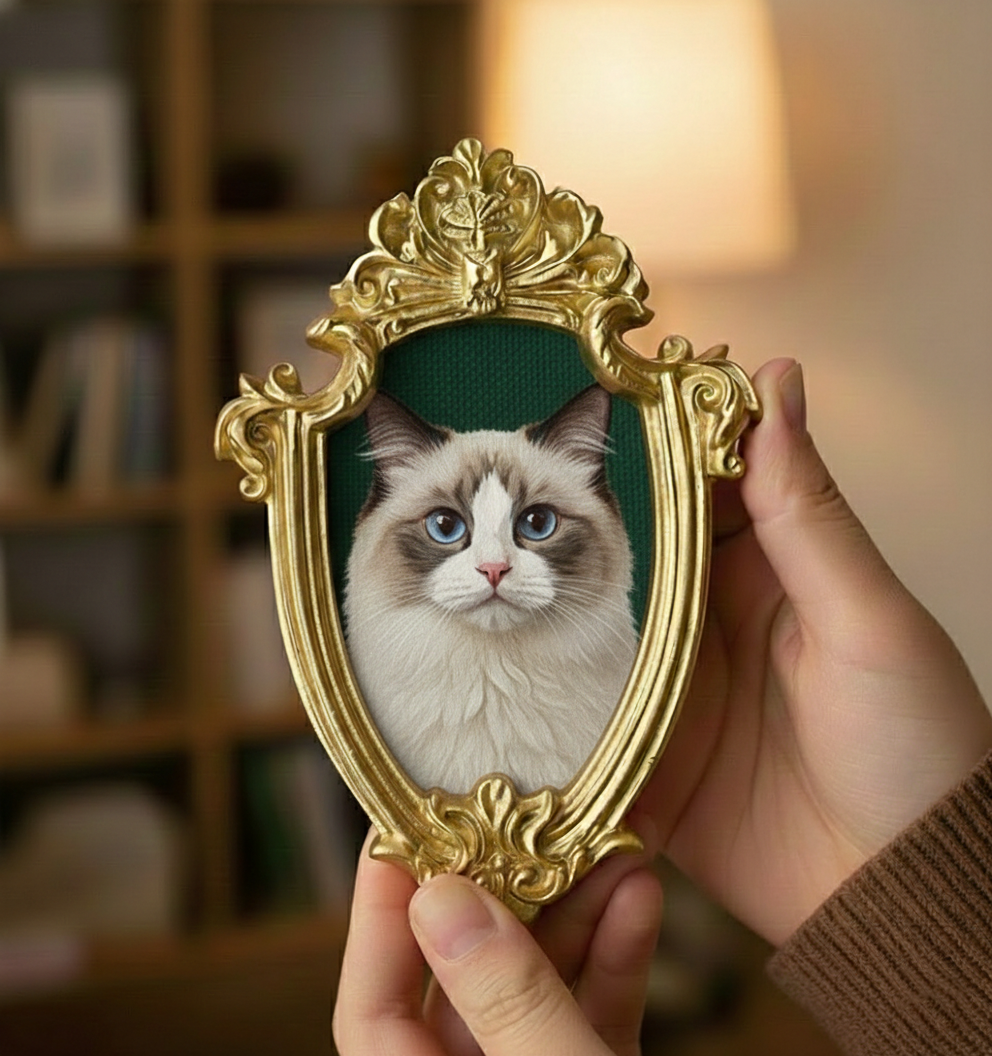 Custom Hand-Painted Pet Memorial Portrait–  Cat Remembrance Gift,Pet Loss Keepsake with Ornate Mini Frame