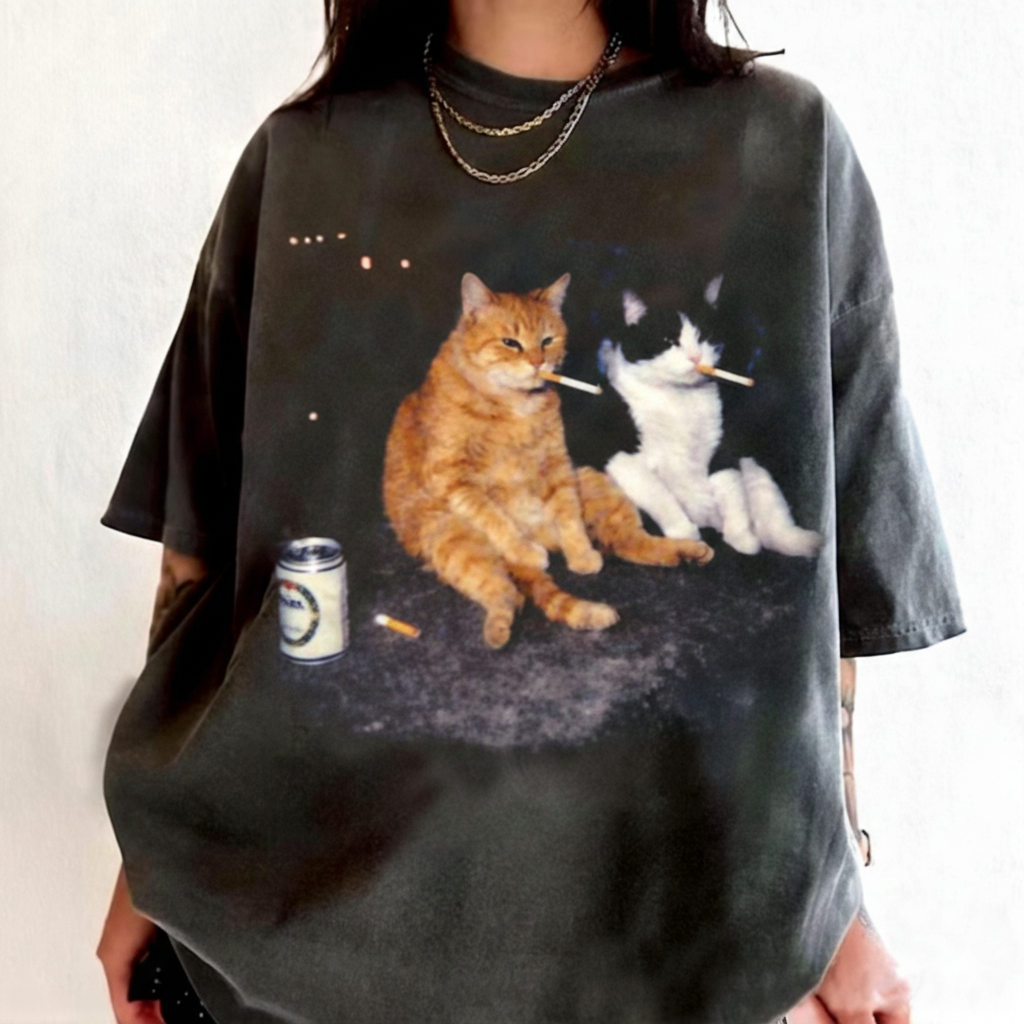 Smoking Cats Graphic T Shirt, Vintage Smoking Cat Tee, Retro Streetwear Shirts, Funny Kitten Top, Unisex Oversized Cool Beer Tshirt