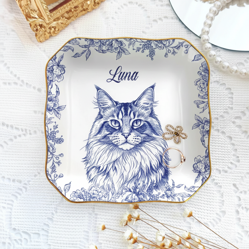 Custom Pet Portrait Jewelry Tray, Toile De Jouy Ceramic Keepsake, Dog Cat Memorial Gift