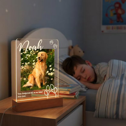 Paw Print Pet Photo Night Light - Personalized Acrylic Memorial Plaque With Name & Dates - Pet Loss Gift