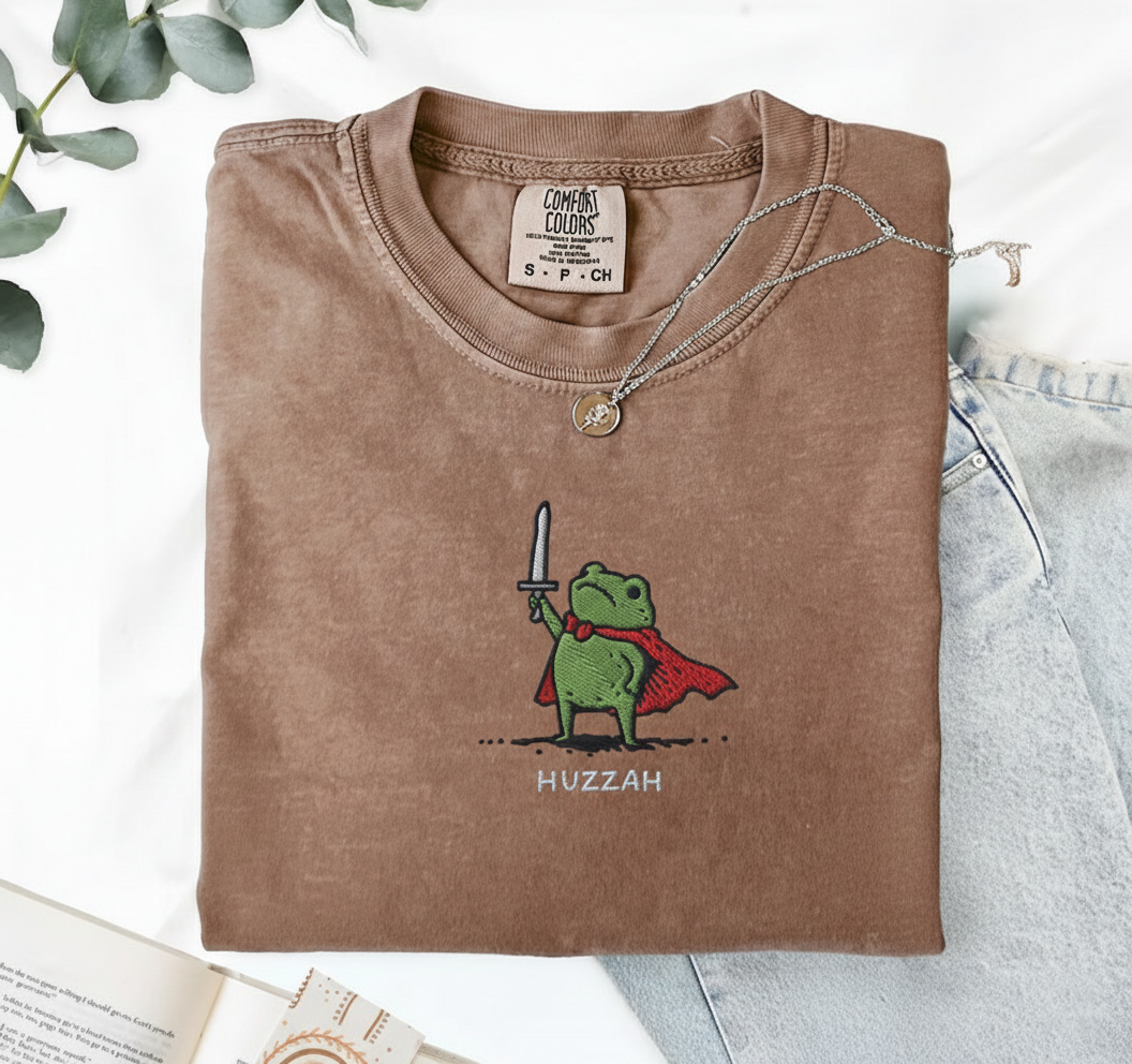 Huzzah Frog with Sword Tee, Embroidered Medieval Frog Shirt, Comfort Colors 1717, Funny DnD T-Shirt, Renaissance Faire Frog Gift
