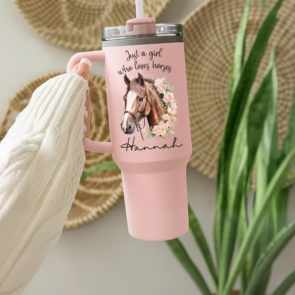 Personalized Horse 40oz Tumbler with Handle, Custom Horse Travel Mug, Equestrian Gift for Women & Girls, Horse Lover Cup