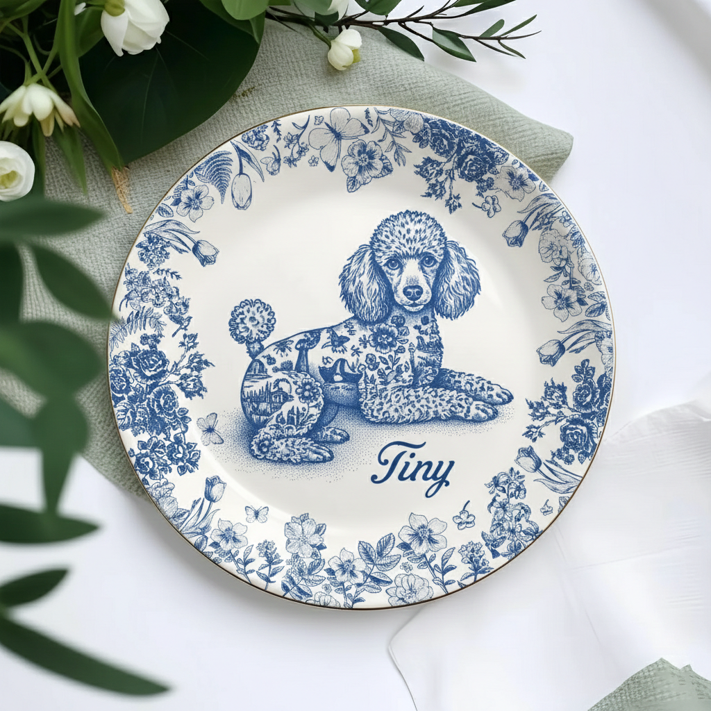 Toile De Jouy Pet Portrait Jewelry Dish - Personalized Dog & Cat Trinket Dish With Name - Dog Mom Gift