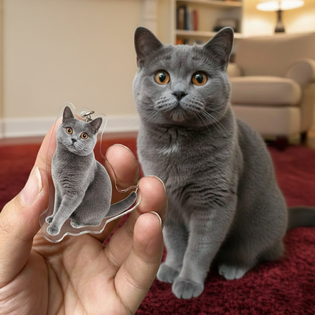 British Shorthair Photo Keychain - Personalized Acrylic Cat Keychain Cut To Shape - Gift For Cat Lovers