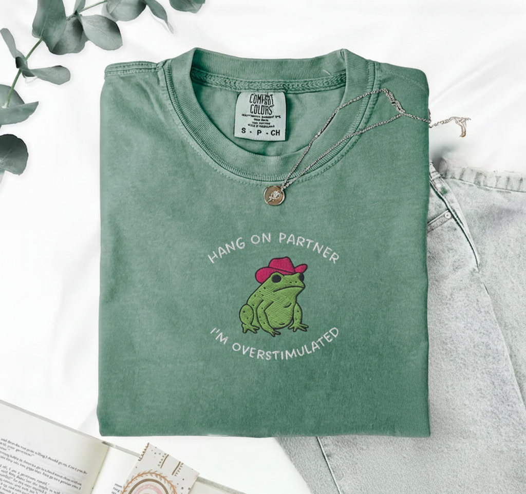 Hold On Partner Shirt, Funny Cowboy Frog Embroidered Tee, Comfort Colors 1717
