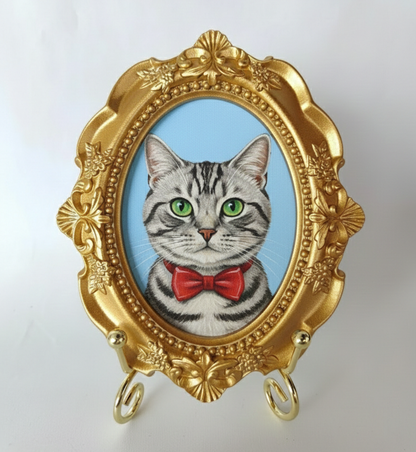 Hand-Painted American Shorthair Portrait From Photo - Personalized Cat Painting In Gold Frame - Cat Mom Gift