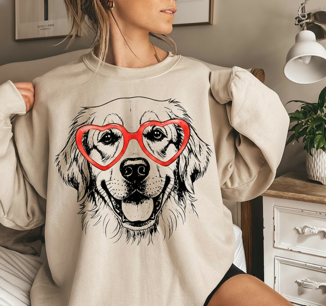 Golden Retriever  Sweatshirt, Dog Lover Gift, Heart Glasses Puppy Shirt, Cute Dog Graphic Pullover, Pet Mom Gift, Cozy Unisex Crewneck