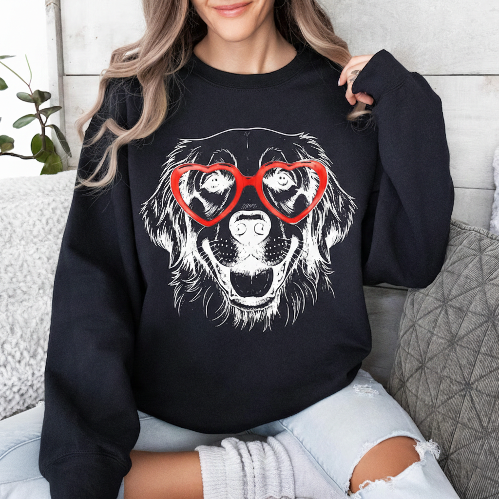 Golden Retriever  Sweatshirt, Dog Lover Gift, Heart Glasses Puppy Shirt, Cute Dog Graphic Pullover, Pet Mom Gift, Cozy Unisex Crewneck