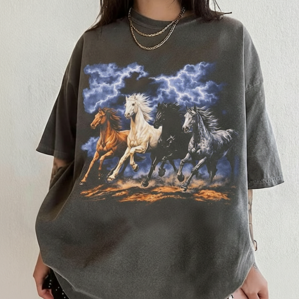 Running Horses Vintage 90s Graphic T-Shirt, Retro Lightning Storm Horse Shirt, Western Cowboy Tee