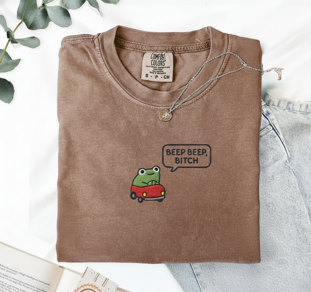 Beep Beep Frog Shirt, Funny Embroidered Car Tee, Cute Frog Gift, Comfort Colors 1717