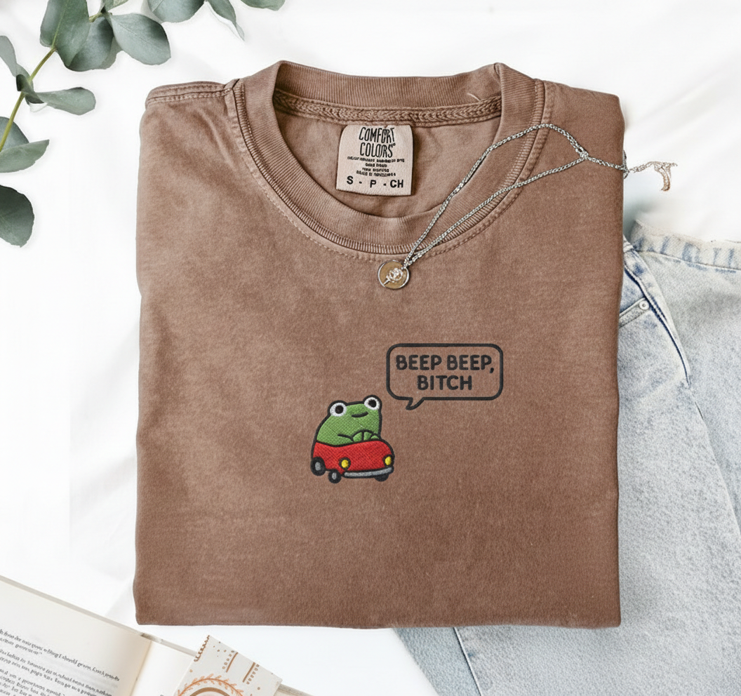 Beep Beep B*tch Frog Car Embroidered Shirt - Funny Frog Tee With Custom Pet Option - Gift For Frog Lovers