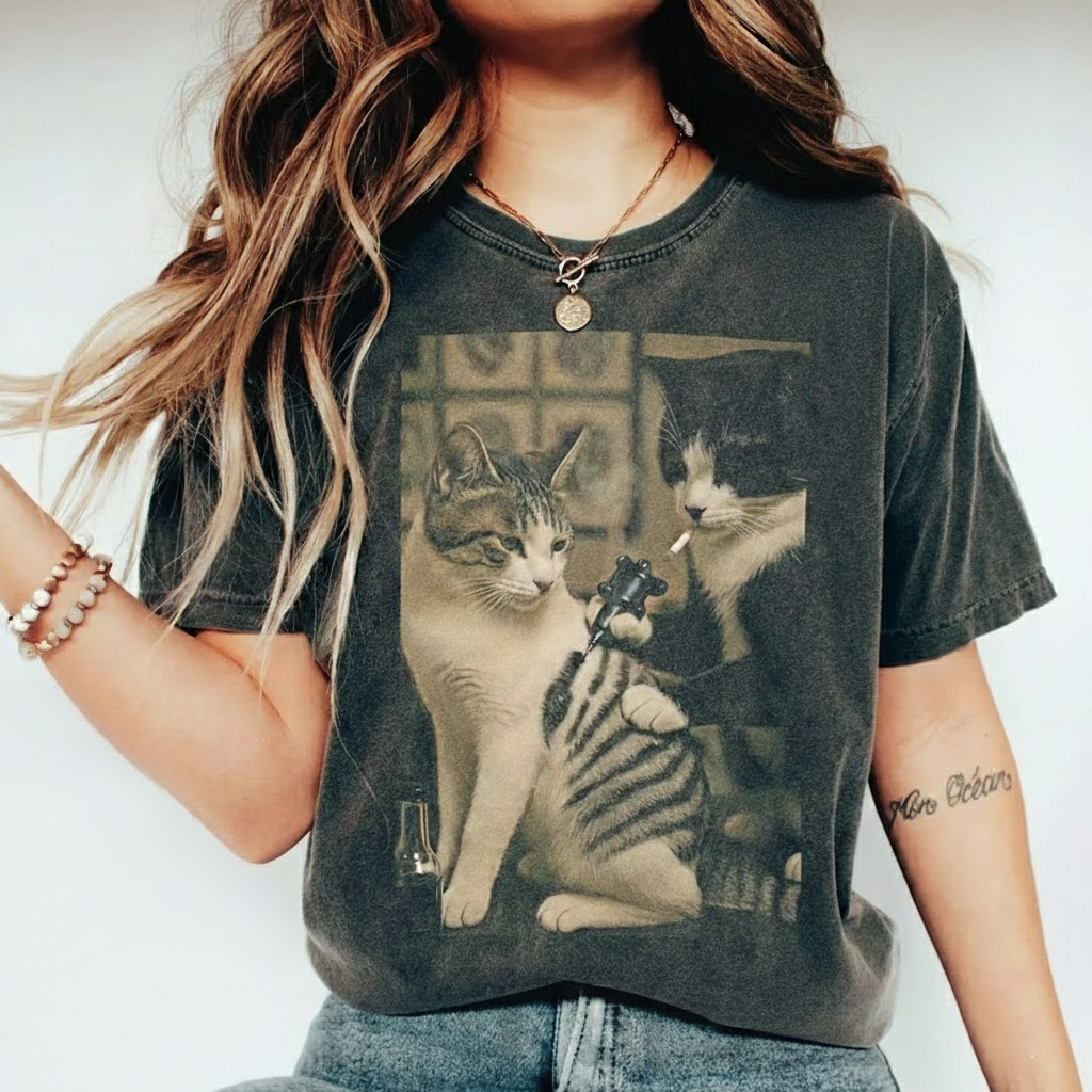 Comfort Colors Retro Cat Tattoo Meme, Viral Tees, Funny Gift Shirt, Meme Sweater, Dark Humor Shirt