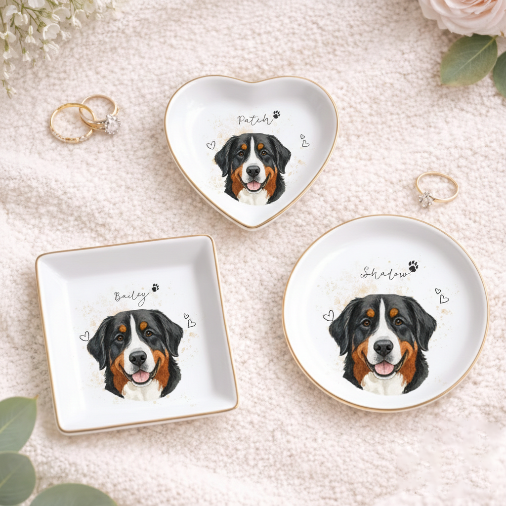 Custom Pet Photo Ring Dish | Personalized Watercolor Keepsake | Dog Portrait Ceramic Jewelry Trinket Dish