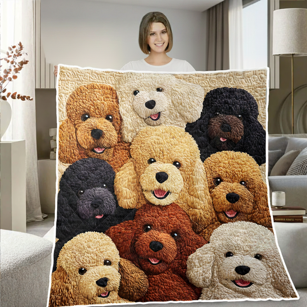 Funny Poodle Dog Quilted Blanket, Cute Puppy Lover Gift, Cozy Pet Throw for Dog Mom Dad