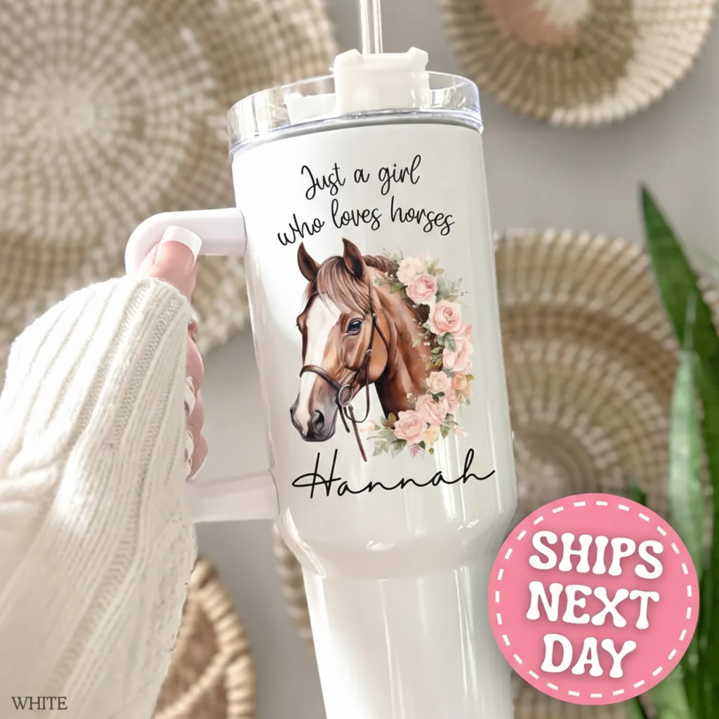 Personalized Horse 40oz Tumbler with Handle, Custom Horse Travel Mug, Equestrian Gift for Women & Girls, Horse Lover Cup