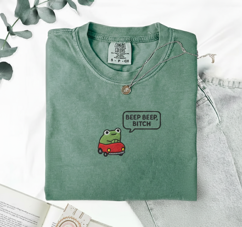 Beep Beep Frog Shirt, Funny Embroidered Car Tee, Cute Frog Gift, Comfort Colors 1717