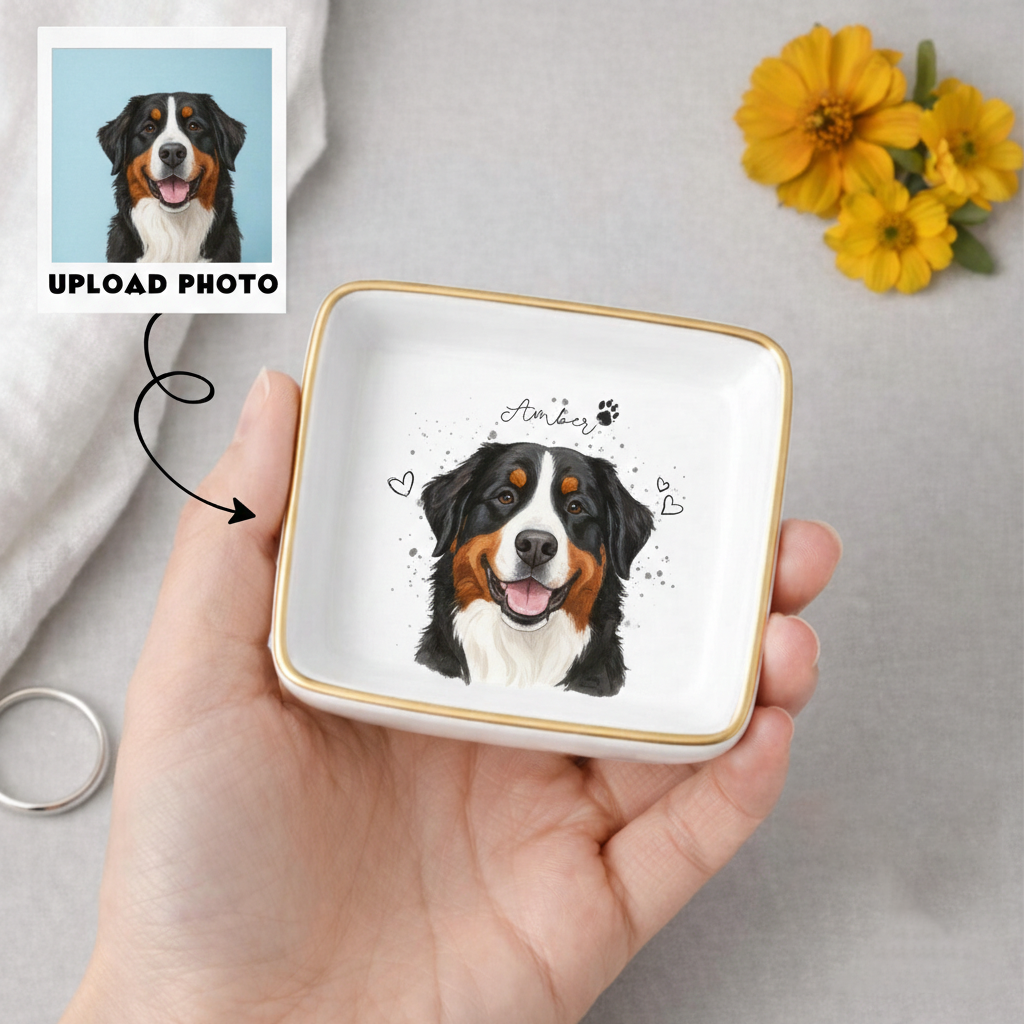 Custom Pet Photo Ring Dish | Personalized Watercolor Keepsake | Dog Portrait Ceramic Jewelry Trinket Dish