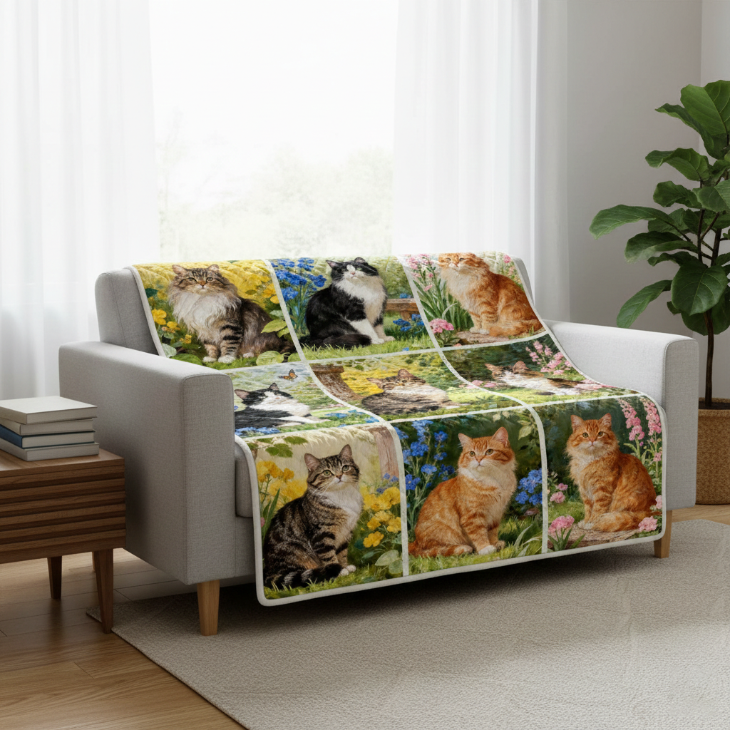 Vintage Floral Cat Fleece Blanket, Personalized Cat Fleece Blanket