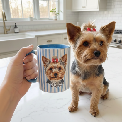 Watercolor Pet Face Striped Mug - Personalized Dog & Cat Portrait Coffee Mug With Name - Gift For Pet Lovers