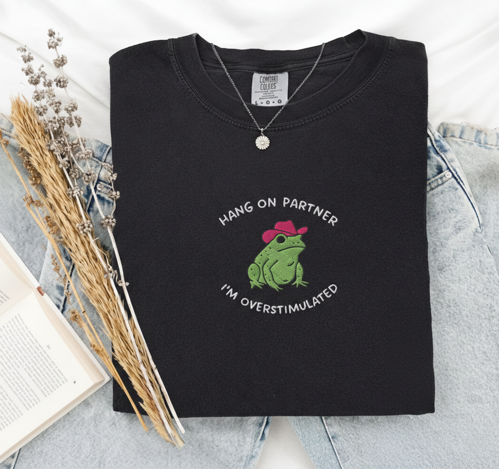 Hold On Partner Shirt, Funny Cowboy Frog Embroidered Tee, Comfort Colors 1717