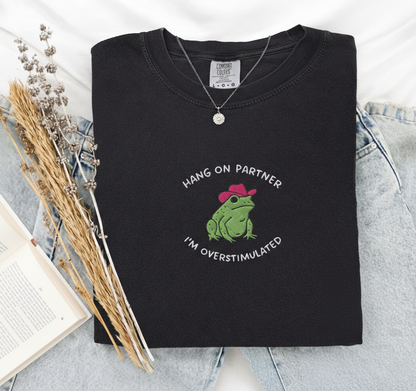 Hold On Partner Shirt, Funny Cowboy Frog Embroidered Tee, Comfort Colors 1717