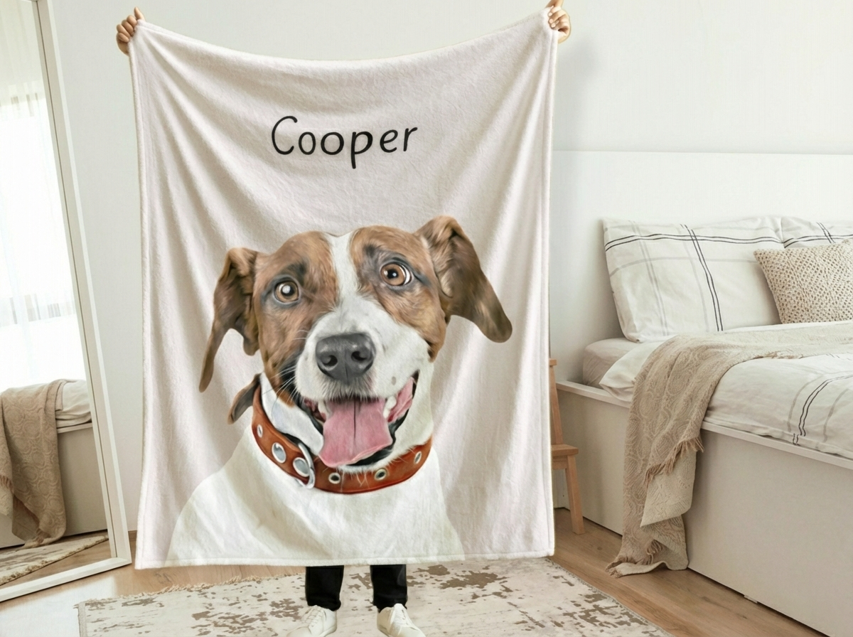 Custom Pet Portrait Blanket By Using Pet Photo,Personalized Blanket with Your Dog or Cat’s Portrait, Custom Dog Blanket with Name