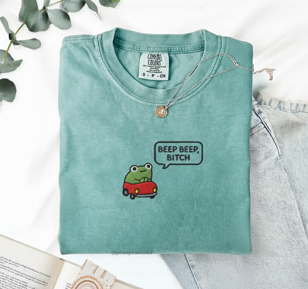 Beep Beep Frog Shirt, Funny Embroidered Car Tee, Cute Frog Gift, Comfort Colors 1717