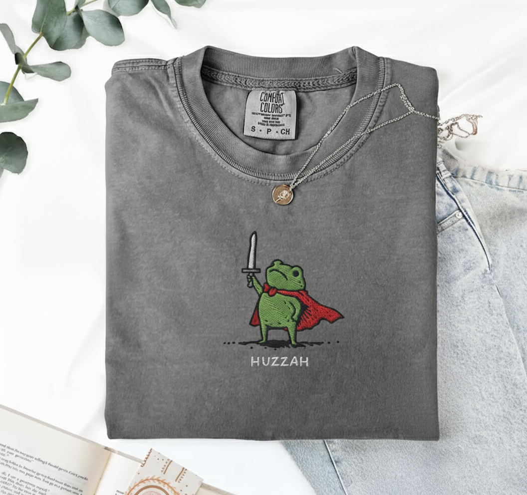 Huzzah Frog with Sword Tee, Embroidered Medieval Frog Shirt, Comfort Colors 1717, Funny DnD T-Shirt, Renaissance Faire Frog Gift