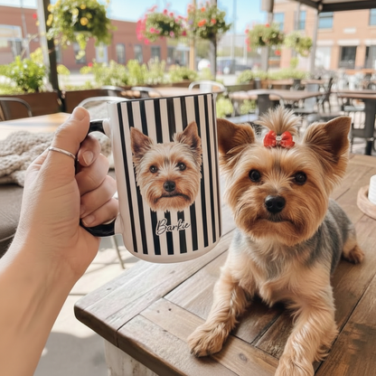 Watercolor Pet Face Striped Mug - Personalized Dog & Cat Portrait Coffee Mug With Name - Gift For Pet Lovers