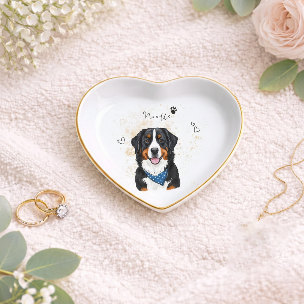 Custom Pet Photo Ring Dish | Personalized Watercolor Keepsake | Dog Portrait Ceramic Jewelry Trinket Dish