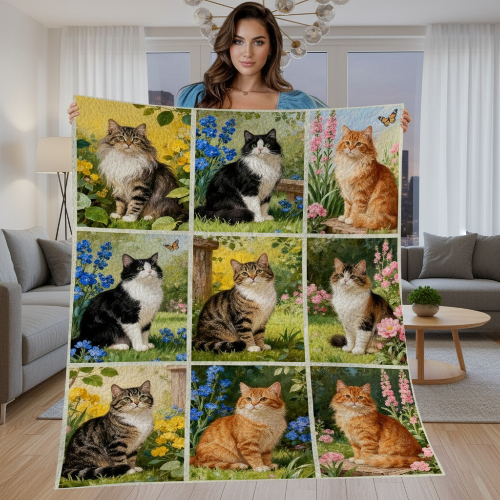 Vintage Floral Cat Fleece Blanket, Personalized Cat Fleece Blanket