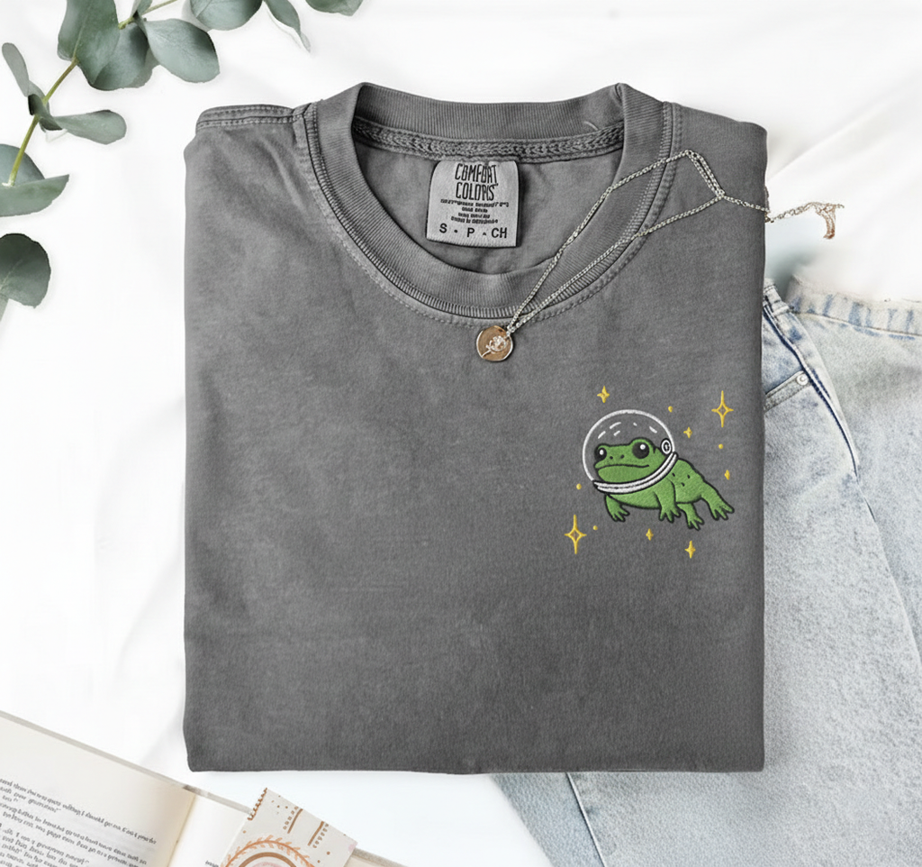 Space Frog T-Shirt, Cute Embroidered Comfort Colors 1717, Cosmic Frog Tee, Whimsical Animal Shirt, Funny Gamer Gift, Cozy Frog Top