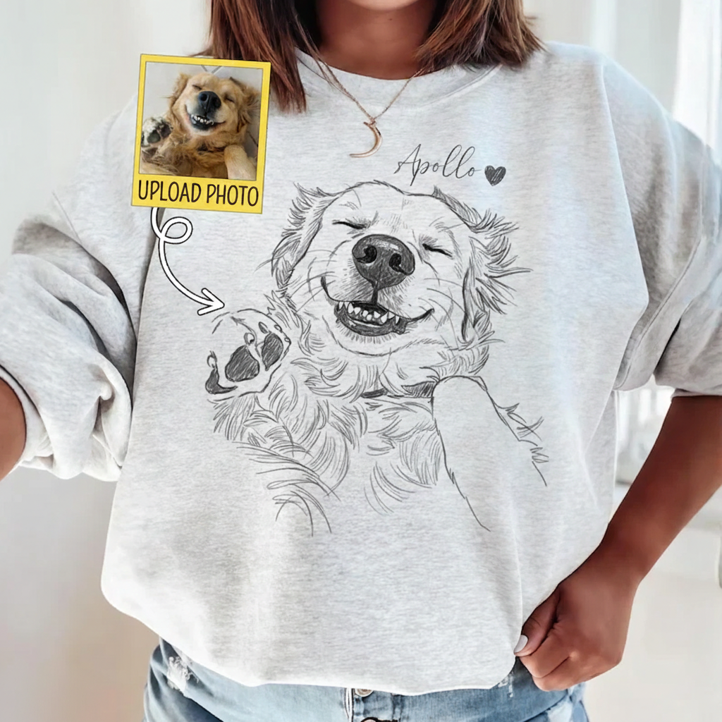 Custom Dog Photo Sweatshirt, Dog Owner Xmas Gift, Personalized Pet Portrait from Photo, Custom Dog Cat Drawing Shirt, Pet Memorial Gift