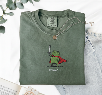 Huzzah Frog with Sword Tee, Embroidered Medieval Frog Shirt, Comfort Colors 1717, Funny DnD T-Shirt, Renaissance Faire Frog Gift