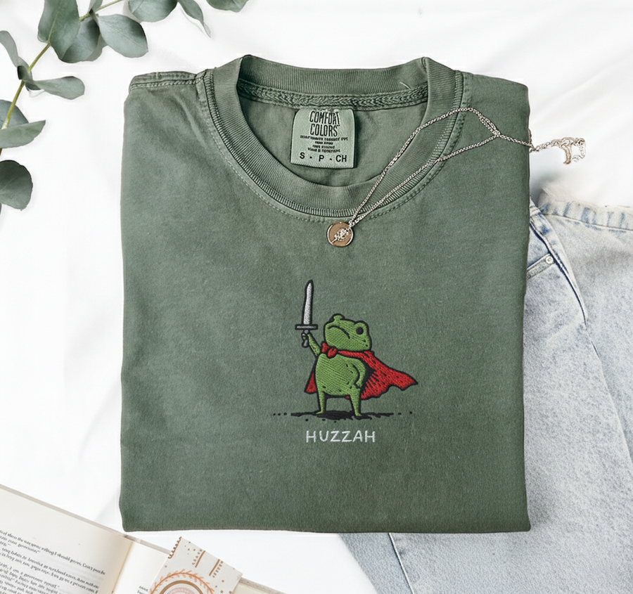 Huzzah Frog with Sword Tee, Embroidered Medieval Frog Shirt, Comfort Colors 1717, Funny DnD T-Shirt, Renaissance Faire Frog Gift