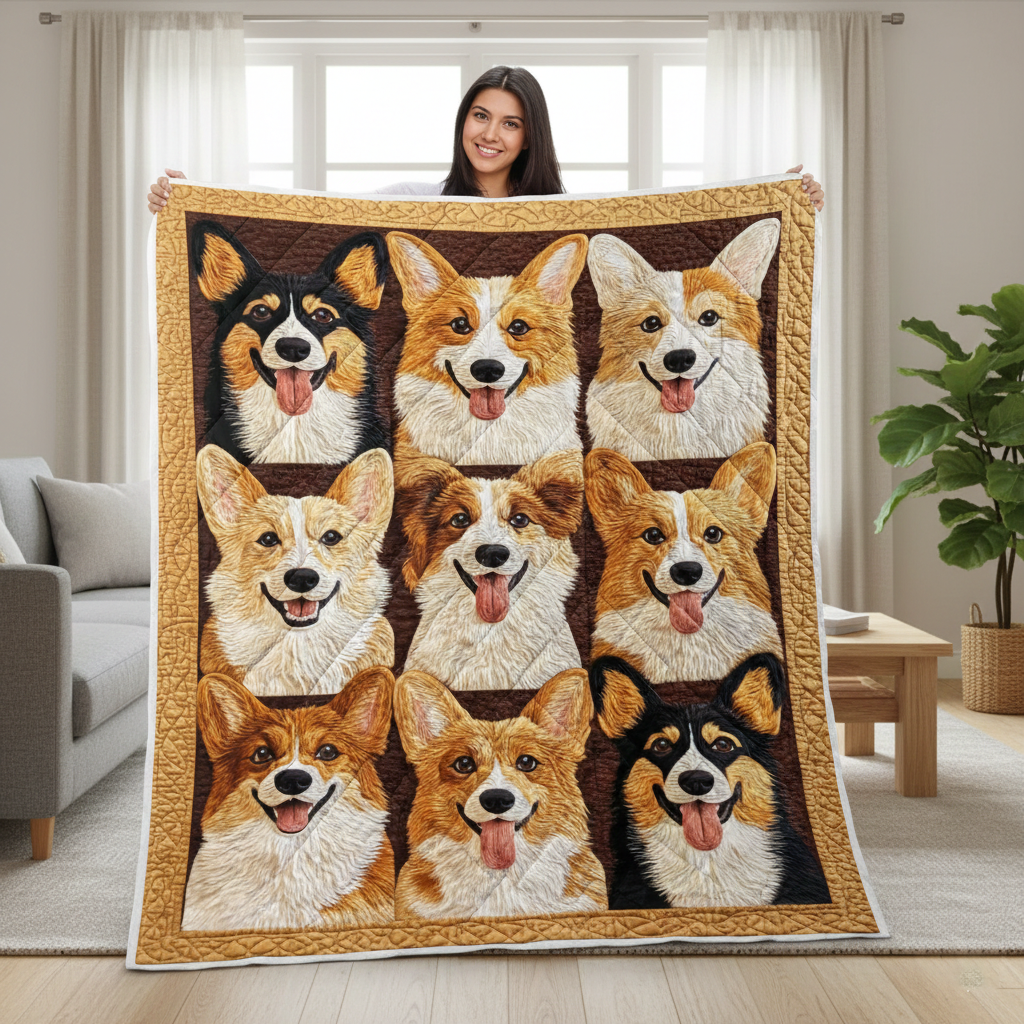Funny Corgi Quilted Blanket, Cute Corgi Dog Quilt, Cute Pet Blanket, Cozy Dog Lover Gift