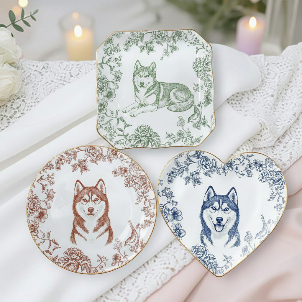 Custom Pet Portrait Jewelry Dish Toile De Jouy Ceramic Dish, Custom Dog Cat Jewelry Dish