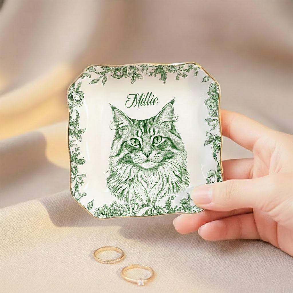 Toile De Jouy Pet Portrait Jewelry Tray - Personalized Ceramic Ring Dish With Pet & Name - Pet Lover Gift