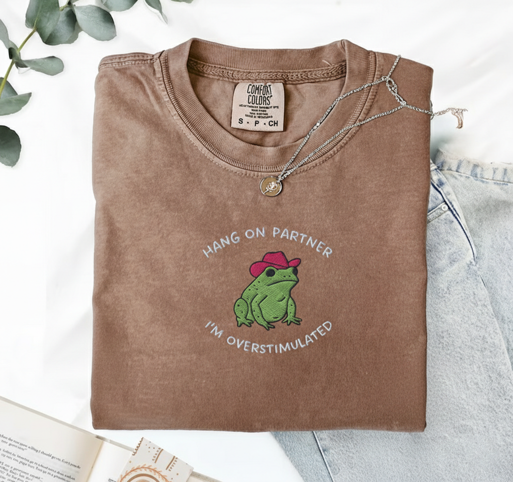 Hold On Partner Shirt, Funny Cowboy Frog Embroidered Tee, Comfort Colors 1717