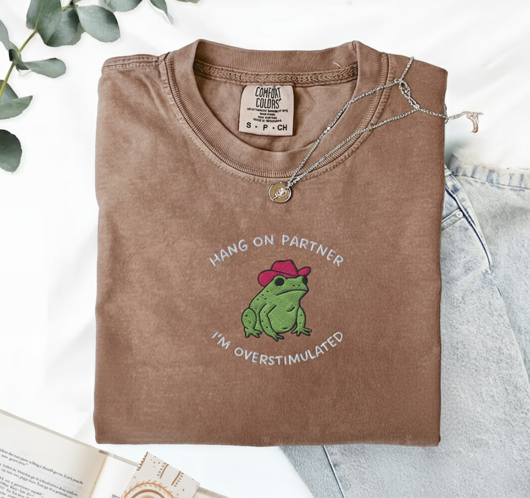 Hold On Partner Shirt, Funny Cowboy Frog Embroidered Tee, Comfort Colors 1717