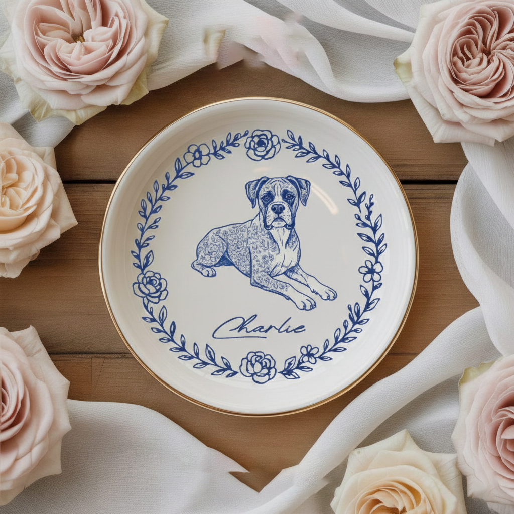 Custom Dog Jewelry Dish, Toile De Jouy Pet Ring Dish , Personalized Pet Portrait Ceramic